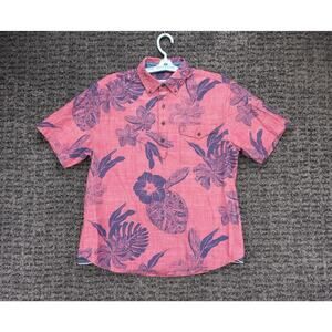 Tommy Bahama Shirt Mens Medium Red Floral Print Cotton Popover Short Sleeve